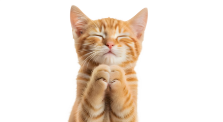 Adorable ginger little cat with closed eyes and paws raised in joyful pose isolated on transparent background. generative ai