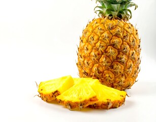 Fresh pineapple slices and whole fruit