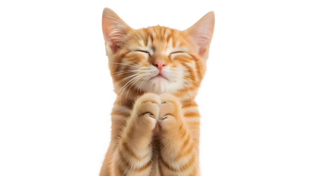 Adorable ginger little cat with closed eyes and paws raised in joyful pose isolated on transparent background. generative ai