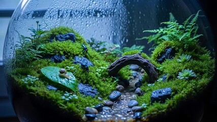 Snail Crawling on Leaf Inside Glass Terrarium with Moss and Plants - Powered by Adobe