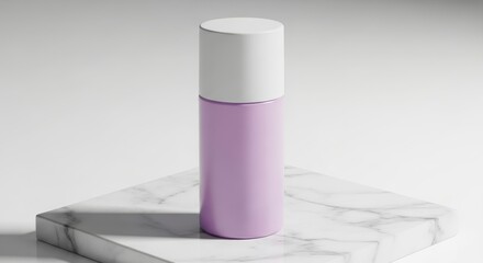 Close-up of a light purple cosmetic bottle on a marble platform.