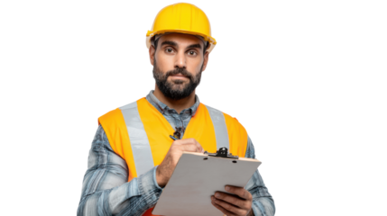 Construction worker in safety gear, holding a clipboard and looking at the camera, white isolated background.