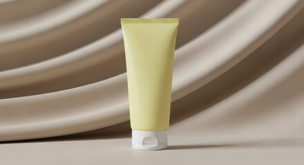 A blank pastel yellow cosmetic tube with a white cap stands against a textured, wavy beige background.