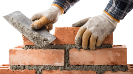 Construction worker laying bricks with precision, hands holding trowel on structured masonry.