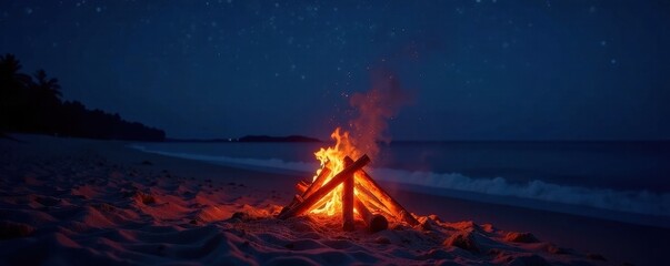 Serene twilight beach bonfire; embers glow against starlit sky, coastal, calm