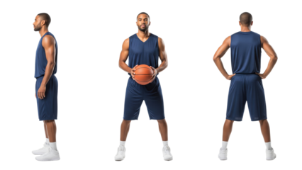 Basketball Player Poses: A basketball player showcasing three distinct poses, featuring a versatile athlete's stance, exhibiting strength and determination, representing athleticism, sport.