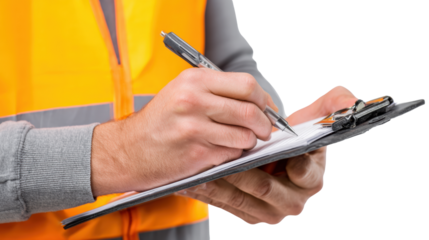 Construction worker taking notes with clipboard, isolated on white background.