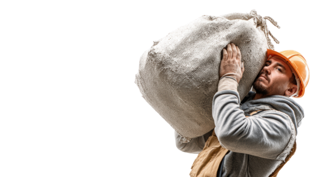 Construction worker lifting heavy bag, effort and determination, focused on task, isolated against white background.