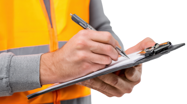 Construction worker taking notes with clipboard, isolated on white background.