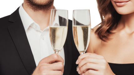 Couple celebrating with champagne flutes on a special occasion, white isolate background.