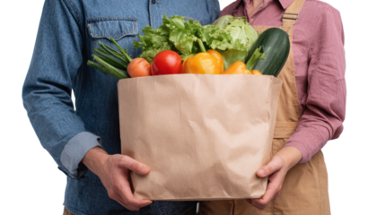 Couple holding a paper bag filled with fresh vegetables, healthy eating concept.