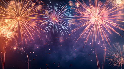 Background of colorful fireworks in the night sky for New Year celebration background. lustration for banner background.