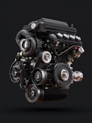 Fototapeta premium close up shot of a detailed black car engine with visible belts and hoses on a black background on transparent background