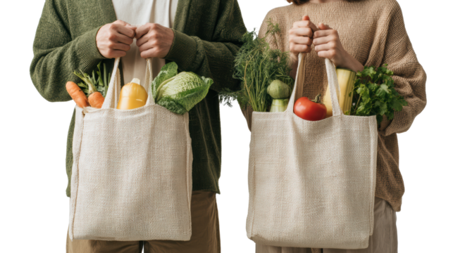 Couple holding reusable grocery bags filled with fresh vegetables, white isolated background.