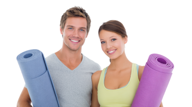 Couple holding yoga mats, smiling, isolated on white background.
