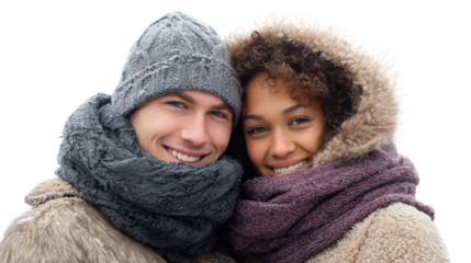 Couple smiling together in warm clothing, against a white isolated background.