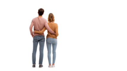 Couple standing together, embracing each other, looking away against a white isolated background.