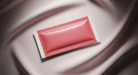 Close-up shot of a small, rectangular, pink packet on a silky, brown surface.