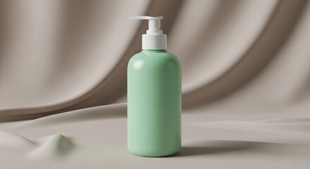 Mint green lotion bottle with pump on beige fabric.