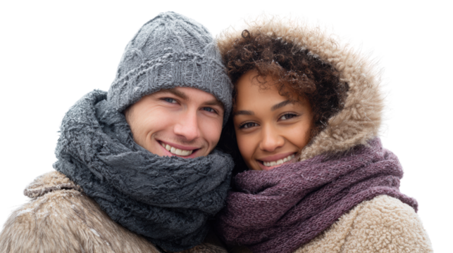 Couple smiling together in warm clothing, against a white isolated background. - Powered by Adobe