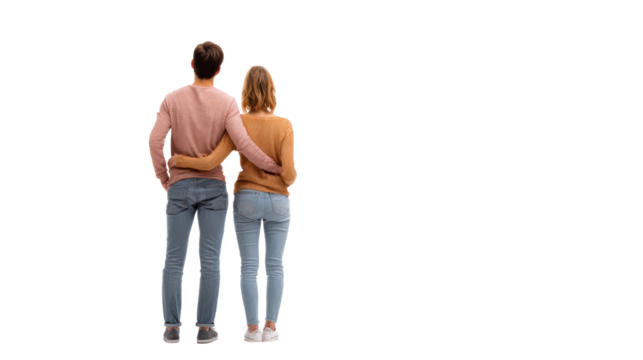 Couple standing together, embracing each other, looking away against a white isolated background.
