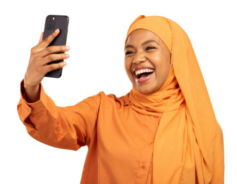 African American Woman in Hijab Capturing Selfie, Playful Pose, Isolated on Transparent Background