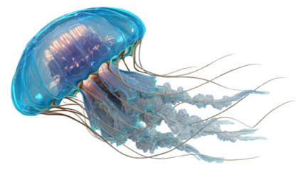 Luminescent blue jellyfish floats, transparent body with long tentacles