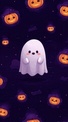 Fototapeta premium Cheerful cartoon ghost drifting near glowing halloween pumpkins, generating whimsical spooky vertical composition for seasonal graphic projects