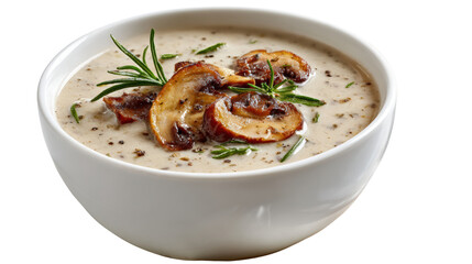 Delicious creamy soup with mushrooms and herbs in a white bowl, perfect for a cozy meal.
