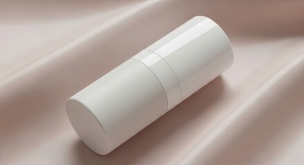 A minimalist white cosmetic bottle with a clean design rests on a soft, flowing pink satin fabric.