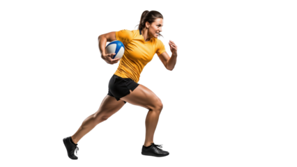Rugby Player in Action: A dynamic female athlete sprints across a field, expertly clutching the rugby ball, exemplifying power, determination, and athletic prowess.