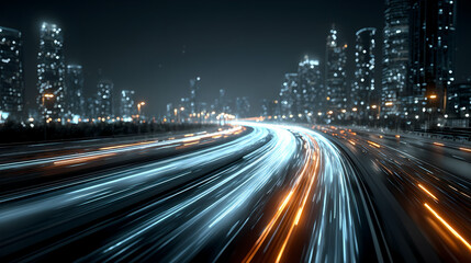 Fototapeta premium Nighttime Cityscape with Light Trails from Moving Vehicles