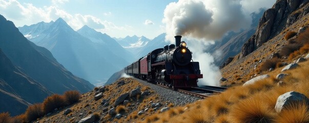 Powerful steam locomotive in rugged mountain terrain, train, light