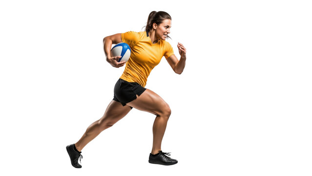 Rugby Player in Action: A dynamic female athlete sprints across a field, expertly clutching the rugby ball, exemplifying power, determination, and athletic prowess.