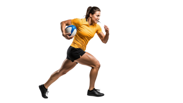 Rugby Player in Action: A dynamic female athlete sprints across a field, expertly clutching the rugby ball, exemplifying power, determination, and athletic prowess.