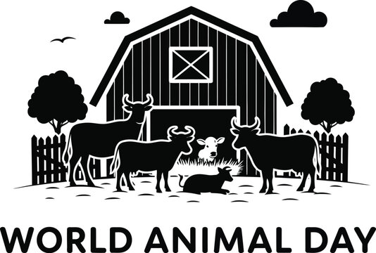 Celebrate World Animal Day with this charming farm scene featuring cows and barn