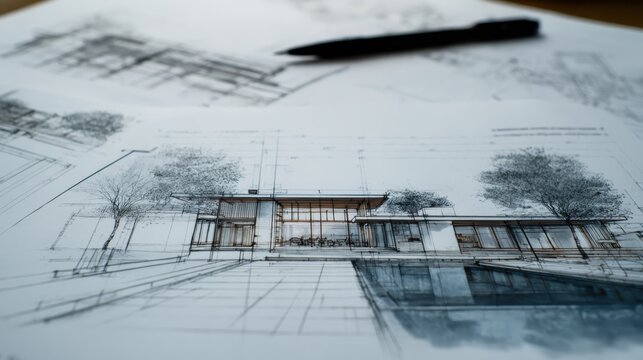 Architectural blueprint depicting sustainable residential design, featuring landscaped garden and swimming pool, resting on drafting table with positioning pen