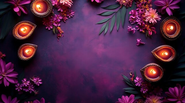 Festive arrangement of lit candles and purple flowers on a textured background light - Powered by Adobe