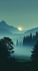 Misty mountain sunrise.  Silhouette trees in a valley bathed in pale morning light