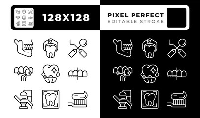 Fototapeta premium Stomatology service pixel perfect black and white line icons set. Teeth whitening, dental diagnosis. Bruxism illness. Outline iconset. Isolated monochrome illustrations. Editable stroke