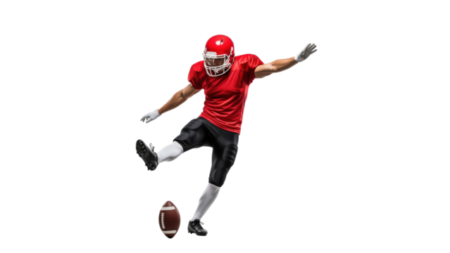 Football Player Kicking Ball: Action-packed shot of a football player mid-kick, showcasing athleticism and focus with precision. Capturing the intensity of sports in its finest hour.