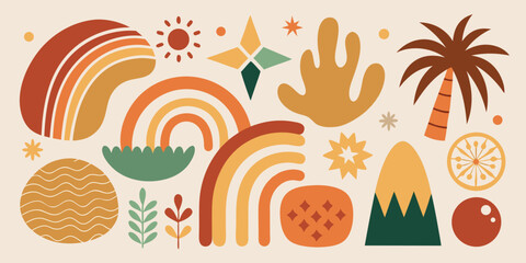 Bohemian abstract landscape with palm tree rainbows and geometric shapes trendy retro earthy colors aesthetic vector illustration perfect for backgrounds and design projects