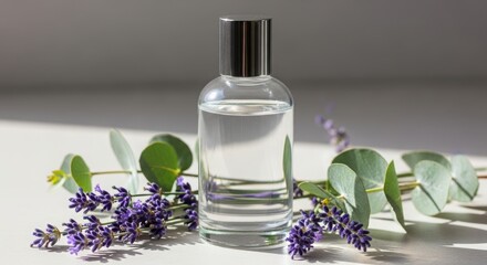 Clear bottle of liquid surrounded by lavender and eucalyptus leaves on a white surface.