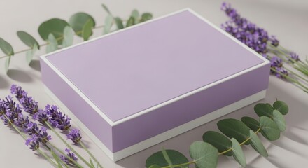 Lavender-themed gift box, surrounded by lavender flowers and eucalyptus leaves, on a light gray surface.