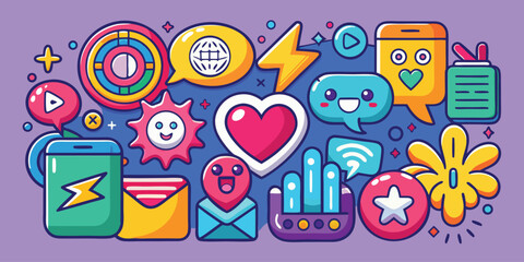 Bright and playful social media doodle vector illustration representing communication and connectivity in a fun creative style
