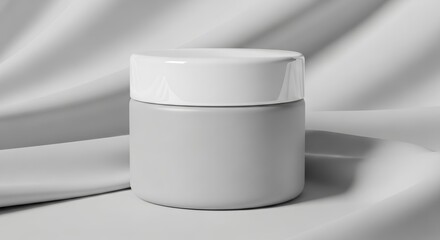 A close-up studio shot of a small, cylindrical, light gray cosmetic jar with a white lid.