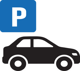 Blue car icon with parking and car wash signs vector illustration