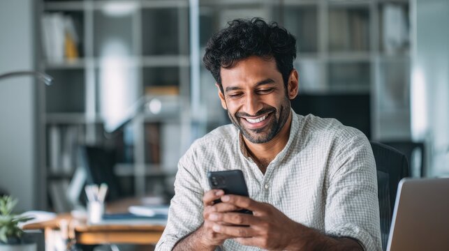 smiling indian business man using cellphone apps working in office happy arab professional businessman holding mobile phone checking finance banking application technology no logos no brands ar 169 - Powered by Adobe