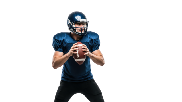 Focused Football: A dynamic football player, poised in action, grips the brown football with determined focus, ready to execute the next play in a close-up view