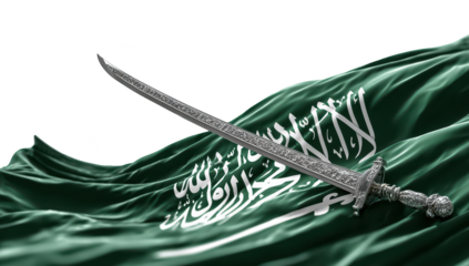 Green flag waving with silver sword, Arabic calligraphy